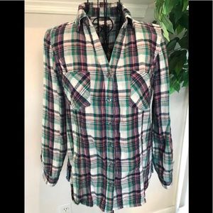 Skies Are Blue Plaid Button Down Top Flip Cuff